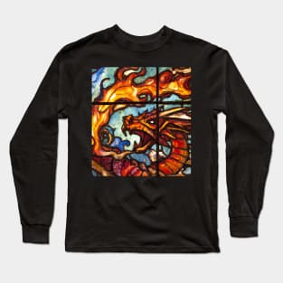 Red Dragon Breathing Fire Stained Glass Long Sleeve T-Shirt